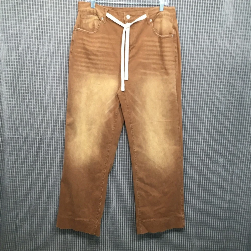 Sidefeel Womens Jeans Wide Leg Faded Drawstring Size 16 Brown